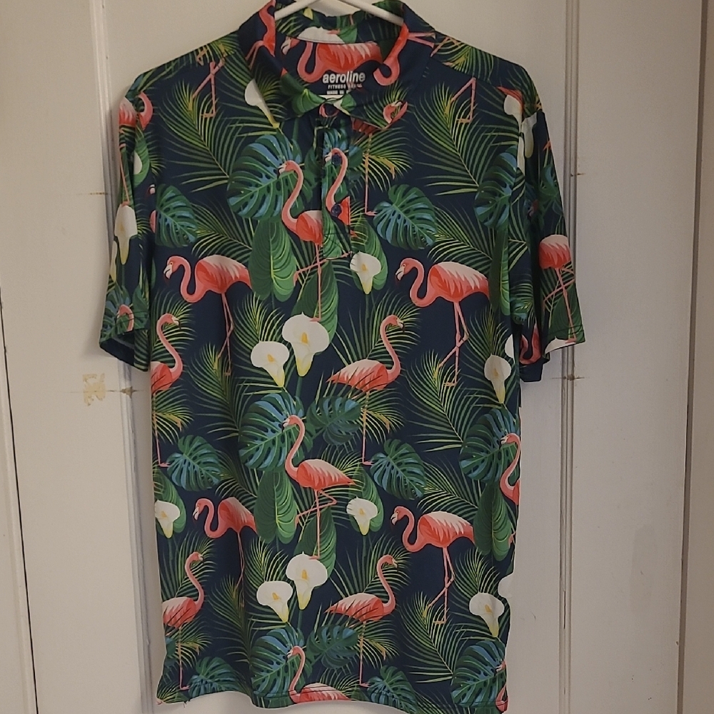 Green and Pink Casual Button Down Shirt with Tropical Flamingo Print